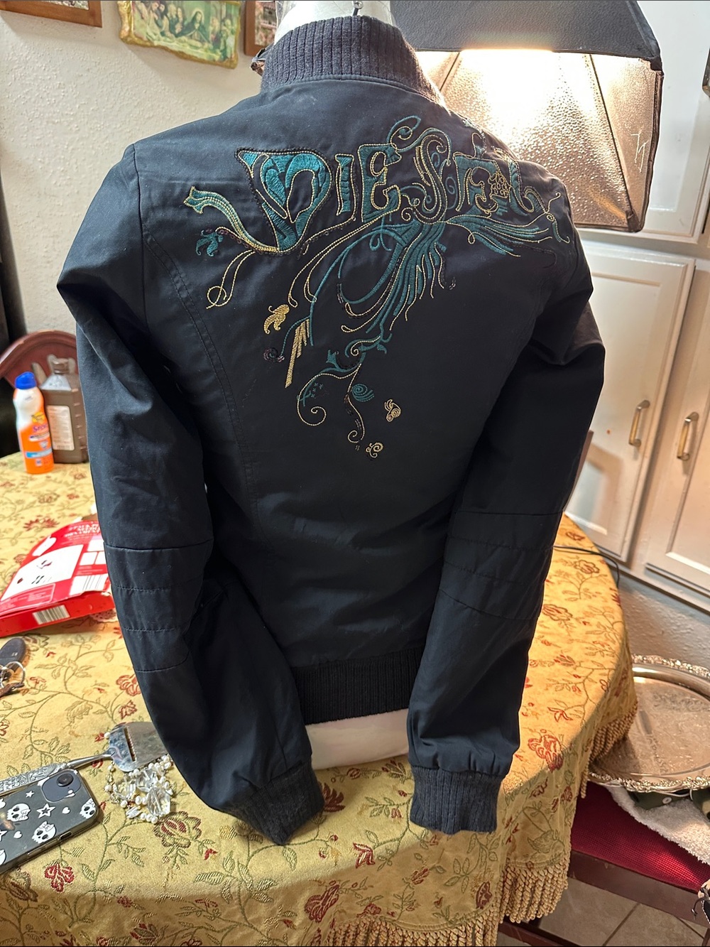 Diesel Black Bomber Jacket with Teal & Gold Embroidery - Picture 10 of 14